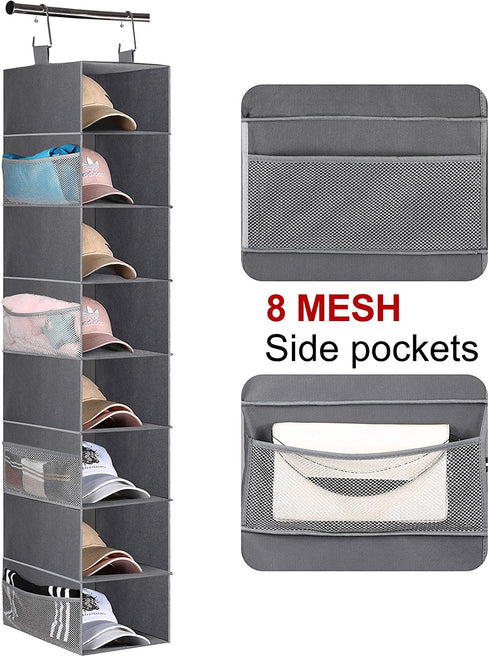 MISSLO 8-Shelf Hanging Shoe Organizer Clothes Closet Organizers and Storage Shelves Hat Holder with Large Shelf and Side Mesh Pockets for Hats Handbags Kid Sweater, Grey
