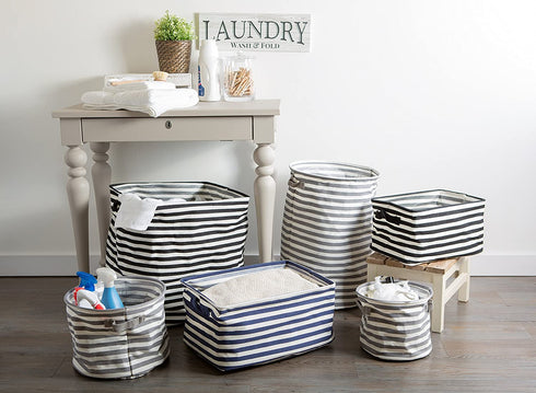 DII Laundry Storage Collection Cabana Stripe Collapsible and Waterproof Bins, Medium Rectangle, 14x8, Black, 2 Piece