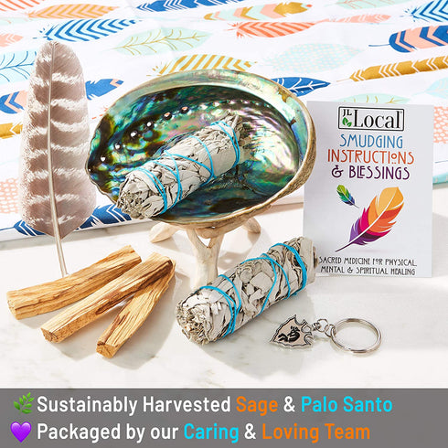Smudge Kit - White Sage, Palo Santo, Abalone Shell, Smudging Feather, Kokopelli Keychain! Healing, Purifying, Meditating & Incense (Essentials Plus)