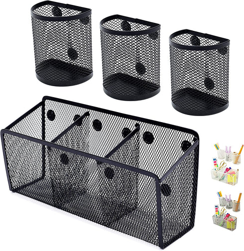 Awesome Office Supplies Black Magnetic Pencil Holder (4-pack) - Strong Magnet Wire Mesh Storage Basket Organizer Organizes Pens, Pencils, Markers for Locker Accessories, Fridge, Cubicle Desk, Offices