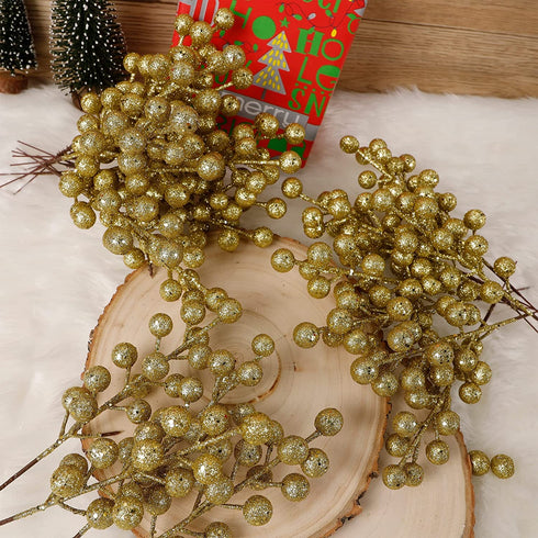 winemana 24 Pack 8 Inch Christmas Glitter Faux Winter Berry Sprigs, Artificial Sparking Red Berries Ornaments for Christmas Tree DIY Crafts Wreath Garland Decor (Gold)