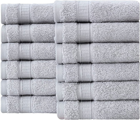 LA™ HAMMAM FINE LIVING - 12 Pack 13? × 13? Soft Cotton Washcloths for Bathroom, Kitchen, Hotel, Spa, Gym | Absorbent and Durable Washcloths Set for Baby and Adults - Light Grey