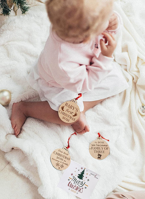 Heart's Sign Set of 3 Babys First Christmas Ornament 2021 | My First Christmas Baby Ornament | Our First Christmas as Mom & Dad Engraved Family Ornament | My First Christmas Tree