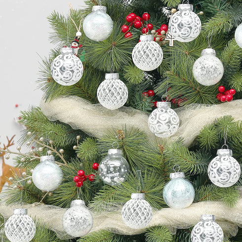 60MM/2.36" Clear Christmas Ornaments Set, 30PCS Shatterproof Decorative Hanging Ball Ornament with Stuffed Delicate Decorations, Xmas Tree Balls for Halloween Holiday Party Thankgivings - White.