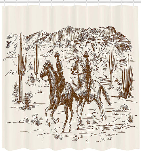 Ambesonne Western Shower Curtain, Country Theme Hand Drawn Illustration of American Wild West Desert with Cowboys, Cloth Fabric Bathroom Decor Set with Hooks, 69" W x 70" L, Umber Cream