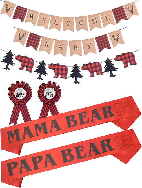 Lumberjack Welcome Baby Baby Shower Decoration, Buffalo Plaid Baby Shower, Timber Plaid Baby Shower, Jute Burlap Baby Shower Party Decor, Buffalo Timber Plaid Party Decoration, Mama Papa Bear Sashes and Elegant Badges Pin for Baby Shower Decor, Lumberjack