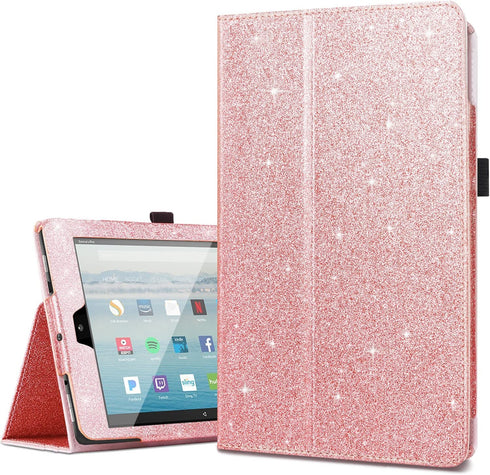 Fingic Amazon Fire HD 10 Case 2017&2019,Kindle Fire HD10 2017/2019 Cases, Luxury Sparkly Folio Folding Stand Cover with Holder & Auto Wake/Sleep Smart Case for Fire HD 10 inch Tablet Case,Rose Gold