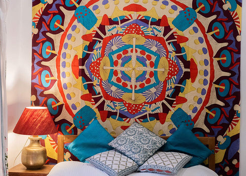 SheetKart Mushroom Kaleidoscope Mandala Tapestry Wall Hanging, Indian Cotton Printed Wall Art, Wall Décor Tapestries, Beige, Large