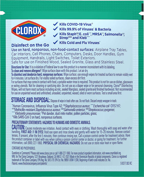 Clorox Disinfecting Wipes to Go, Bleach Free Cleaning Wipes, Fresh Scent, Individually Wrapped, 1 Count Each, (Pack of 100)