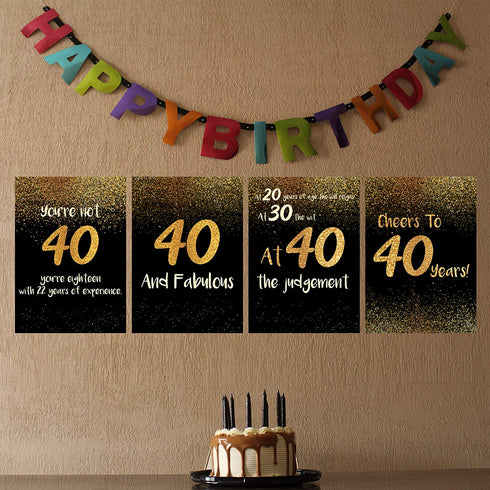 SCENE: YOURSELF Happy 40th Birthday Decorations for Men Women 40th Birthday Gifts 40th Birthday Party Decor 11.7" x 16.5" Unframed Paper Matte Lamination Set of 4 Posters Prints, Black Gold