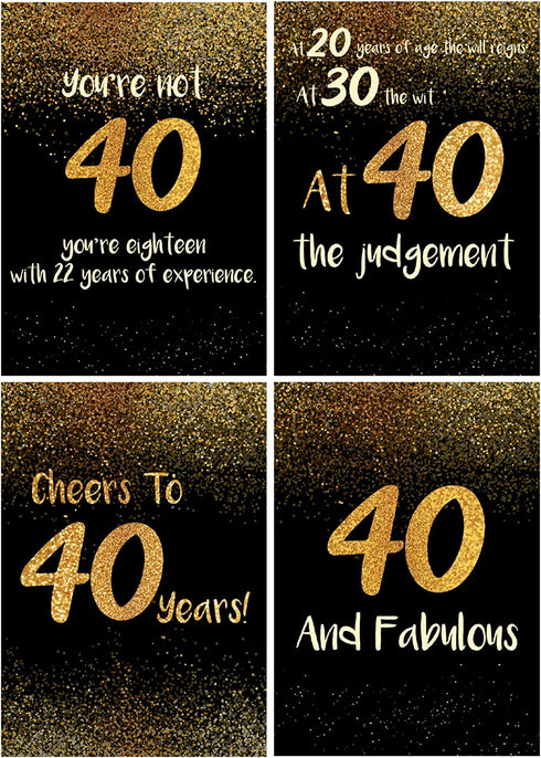 SCENE: YOURSELF Happy 40th Birthday Decorations for Men Women 40th Birthday Gifts 40th Birthday Party Decor 11.7" x 16.5" Unframed Paper Matte Lamination Set of 4 Posters Prints, Black Gold