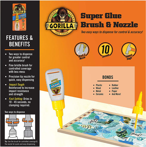 Gorilla Super Glue with Brush & Nozzle Applicator, 10 Gram, Clear, (Pack of 2)