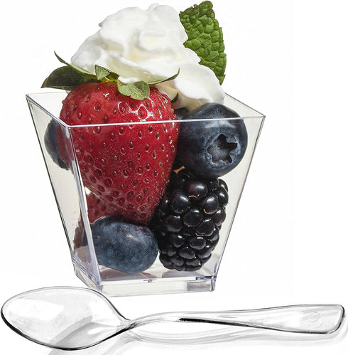 Zappy 100 Square Mini Dessert Cups 2oz Clear Tasting Sample Shot Glasses 100 Ct Dessert Cups with Spoons Disposable Plastic Appetizer Bowls Mini Parfait Cups Small Tumblers and Mini Spoons