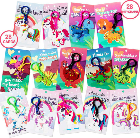 JOYIN 28 Packs Unicorn Dinosaur Keychain with Cards for Kids Party Favor, Classroom Exchange Prizes, Valentine™s Greeting Cards, Valentine Party Favors, Valentine Exchange Gifts