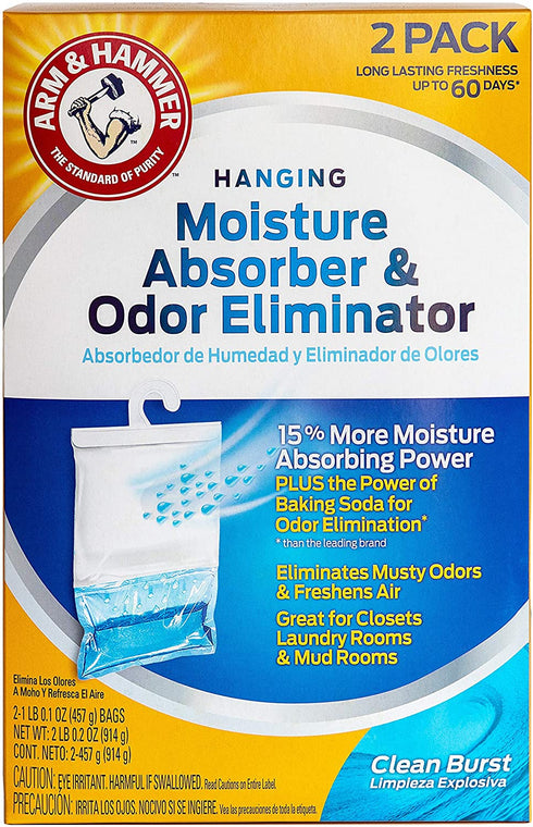 Arm & Hammer Clean Burst Hanging Moisture Absorber and Odor Eliminator - 2 Pack - Traps Moisture for Fresher, Cleaner Air