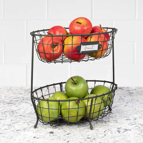 Spectrum Diversified Vintage Living Oval Server Stacked, 2-Tier Bowls, Dining Table & Kitchen Counter Organizer, Modern Fruit Basket Stand, Industrial Gray