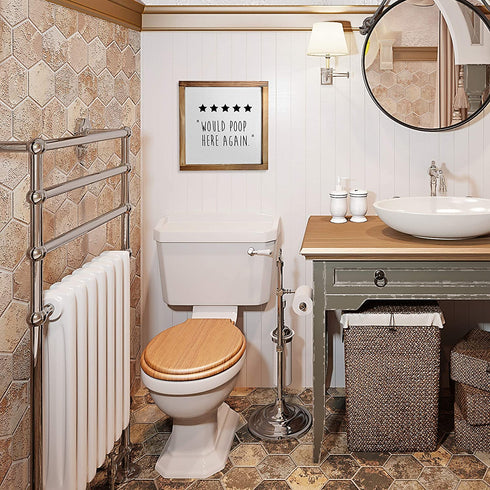Five Stars Would Poop Here Again Bathroom Sign 12x12 Inch - Farmhouse Bathroom Wall Decor, Funny Poop Sign for Bathroom Decor Wall Art, 5 Stars Would Poop Here Again Sign, Funny Bathroom Wall Art