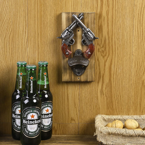 MyGift Wall Bottle Opener - Rustic Burnt Wood Western-Inspired Hanging Beer Bottle Cap Opener with Dual Old Wild West Six Shooter Revolvers Design