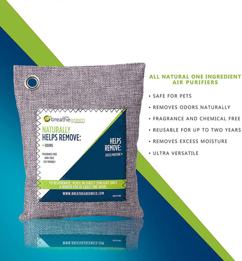 Breathe Green Bamboo Charcoal Odor Eliminator Bag (3 Bags), Activated Charcoal Odor Absorber, Natural Freshener Removes Odors and Moisture, Odor Eliminator for Home, Pets, Car, Closet, Basement, RV