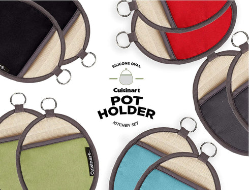 Cuisinart Silicone Oval Pot Holders and Oven Mitts - Heat Resistant, Handle Hot Oven/Cooking Items Safely - Soft Insulated Pockets, Non-Slip Grip and Convenient Hanging Loop - Grey, 2pk