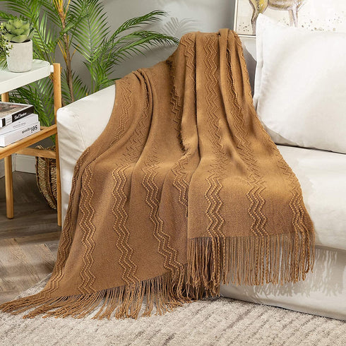 MIULEE Brown Throw Blanket for Couch,Boho Bed Decor Knitted Outdoor Blankets Throw Size with Tassels Cozy Woven for Sofa Home Chair Wave Pattern 50" x 60" Inches