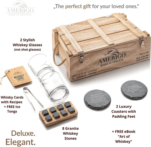 Whiskey Stones Gift Set for Men | Whiskey Glass and Stones Set with Rustic Wooden Crate, 8 Granite Whiskey Rocks Chilling Stones, 10oz Whiskey Glasses | Whiskey Gift for Men, Dad, Husband, Boyfriend
