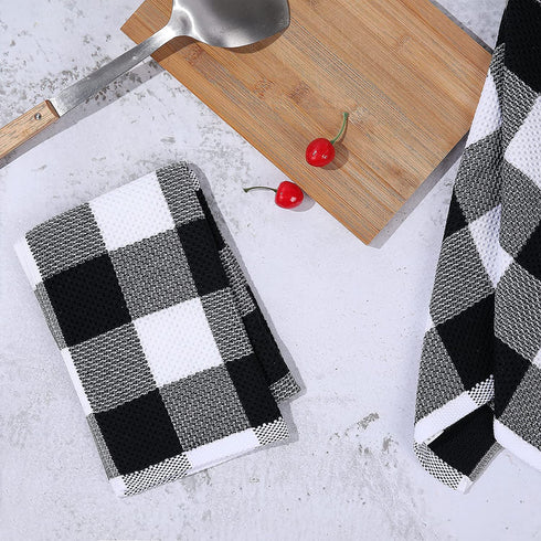 Mordimy 100% Cotton Waffle Weave Check Plaid Kitchen Towels, 13 x 28 Inches, Super Soft and Absorbent Dish Towels for Kitchen, 4-Pack, White & Black