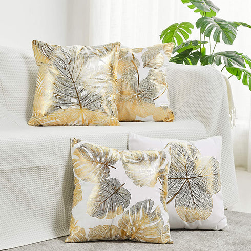 NeatBlanc Pack of 4 Decorative Throw Pillow Case Cushion Cover Gold Stamping Leaves 18 x 18 inches 45 x 45 cm for Couch Bedroom Car