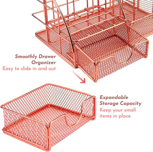 Rose Gold Desk Supplies Organizer, Multi-functional Mesh Desk Organizer with 6 Compartments & Desk Drawer Organizer for Office Supplies and Desk Accessories