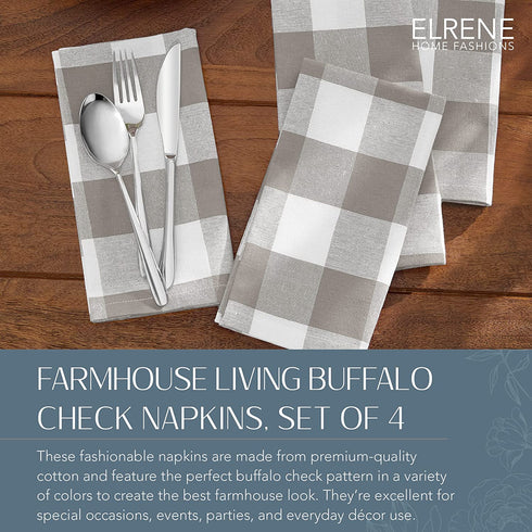 Elrene Home Fashions Farmhouse Living Buffalo Check Napkin Set of 4, 20" x 20", Gray/White 4
