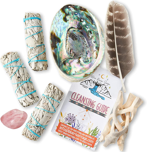 Sage Smudge Kit - White Sage Smudge Sticks Incense Sticks, Rose Quartz, Abalone Shell 5"+, Stand, Smudging Feather & Cleansing Guide (3 Sage)