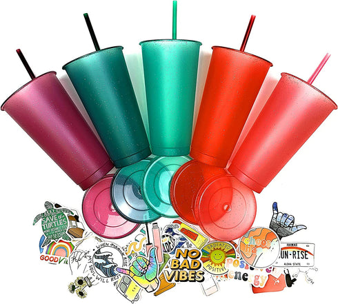 Crazy Chicken Lady Glitter Cups - Large Reusable Cold Tumblers with Lids & Straws | 5-Pack 24oz | Customizable DIY Gifts, Includes Vinyl Decals Sticker Set.