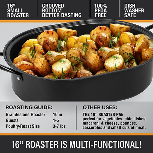 Granite Stone Oval Roaster Pan, Small 16 Ultra Nonstick Roasting Pan with Lid, Grooved Bottom for Basting, Broiler Pan for Oven, Dishwasher Safe, Up to 7lb Poultry / Roast, Serves 1- 5, PFOA Free