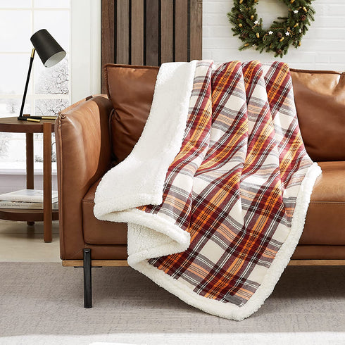 Eddie Bauer - Plush Sherpa Fleece Throw - Soft & Cozy Reversible Blanket, Ideal for Travel, Camping, & Home, Edgewood Red