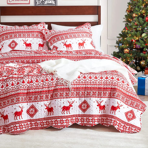 EHEYCIGA Red Printed Quilt Set Queen Christma Reindeer Snowflakes Reversible Holiday Home Décor - Bedspread Coverlet.