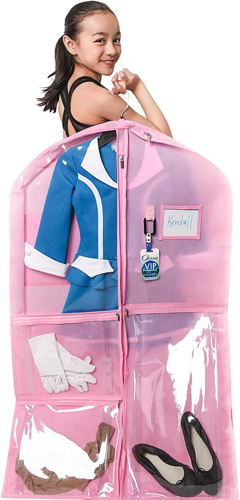 Waterproof Hanging Garment Bag 40 inch Clothes Bag with Gusset, 5 Pockets & Side Zip for Dance Costumes, Sports, Skating, Theatre, Beauty Pageants & More by Kendall Country, Cotton Candy Pink