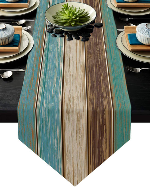 Linen Burlap Rustic Table Runners 90 Inches Long Dresser Scarfs, Retro Barn Wood Brown Teal Table Runner Farmhouse Style for Coffee Table, Holiday Parties, Wedding, Events Dinner, Home Decor