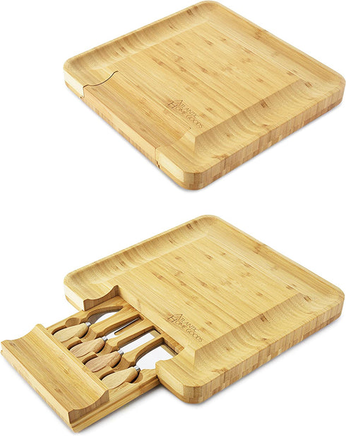 Bamboo Cheese Board - Charcuterie Platter & Serving Tray, 4 Stainless Steel Knife & Thick Wooden Server, and 4 Round Fruit trays. Fancy House Warming Gift for Wedding, Anniversary, or Engagement