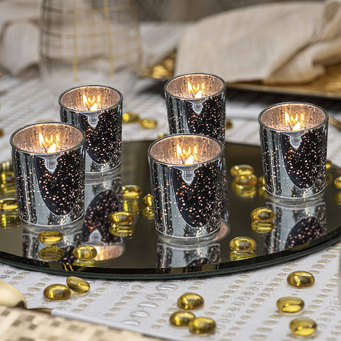 KISCO CANDLES: 10 Hour Votive Candles with Holders 12-Pack Silver Decorative Glass Home Decor, Beautiful Living Room, Kitchen, Bathroom Lighting | Long-Lasting Wax