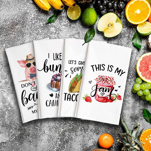 Funny Kitchen Towels and Dishcloths Sets of 4 for Housewarming,White Dish Towels for Home Decor,Cute Towels Drying Dishes - Decorative Tea Towels,Hand Towels,Waffle Towels