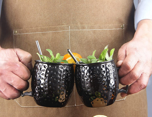 Moscow Mule Mugs Set of 2 - Black Plated Hammered Mugs 18 oz/ 550ml With Brass Handle and Stainless, Unlined Cups For Moscow Mule Cocktails and other Chilled Drinks (Black) SC020