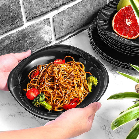 Wareland Black Glass Dinner Plates Set of 4, 20 oz Square Pasta Salad Plate, 8.45 inch Soup Plates with Fun Angles, Serving Dishes for Appetizer Dessert Chip,Scratch Resistant , Microwave Safe