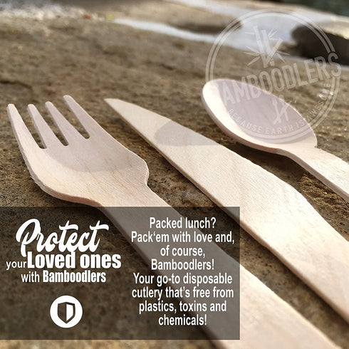 BAMBOODLERS Disposable Wooden Cutlery Set | 100% All-Natural, Eco-Friendly, Biodegradable, and Compostable - Because Earth is Awesome! Pack of 200- 6.5? utensils (100 forks, 50 spoons, 50 knives)