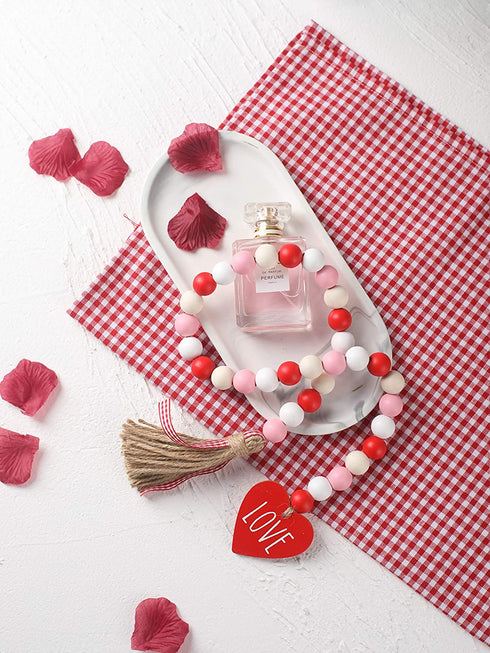 Valentine™s Day Wood Bead Garland with Tassels and Love Heart Shaped Wooden Embellishments Rustic Farmhouse Tiered Tray Wedding Decorations Home Decor (Red & White Love)