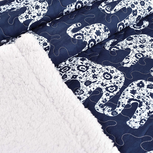 Lush Decor Navy Elephant Parade Throw Fuzzy Reversible Sherpa Blanket 60? x 50 White, 60 x 50