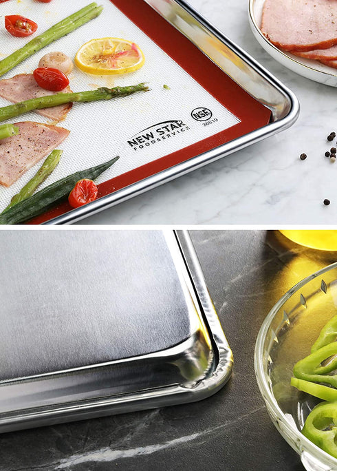 New Star Foodservice 38439 Commercial-Grade 18-Gauge Aluminum Sheet Pan/Bun Pan & Silicone Baking Mat Set, 13" L x 18" W x 1" H (Half Size)