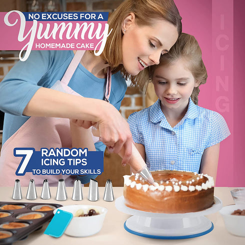 RFAQK 35PCs Cake Turntable and Leveler-Rotating Cake Stand with Non Slip pad-7 Icing Tips and 20 Bags- Straight & Offset Spatula-3 Scraper Set -EBook-Cake Decorating Supplies Kit -Baking Tools