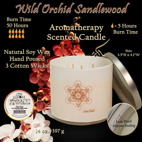 Wild Orchid Sandalwood Aromatherapy Scented Candle with Metatron's Cube | Natural Hand Poured Highly Scented Candle | Large 14 Ounce 50 Hour 3 Wick | Zen Relaxation
