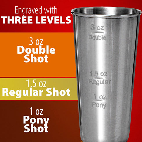 Maxam Stainless Steel 4-Piece Double-Shot Sized Shot Glass Set with Attractive Embossed Carrying Case