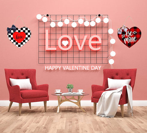 CYNOSA Valentines Day Door Sign Front Door Decorations Black and White Buffalo Plaid Heart Love Hanging Sign Printed Wooden Door Hanger Wreath Outdoor Wall Decor